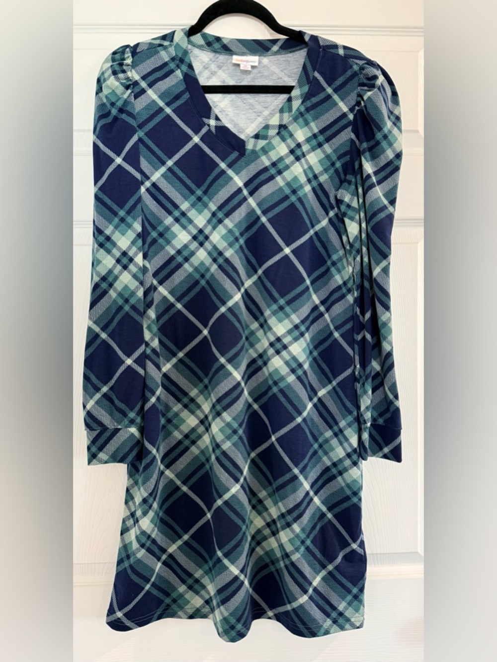 LuLaRoe: Women’s Navy and Teal Plaid Long-Sleeve Shirt Dress